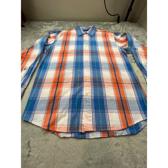Southpole Signature Series Mens Large Blue & Orange Plaid Long Sleeve Shirt Y2K - Picture 9 of 12